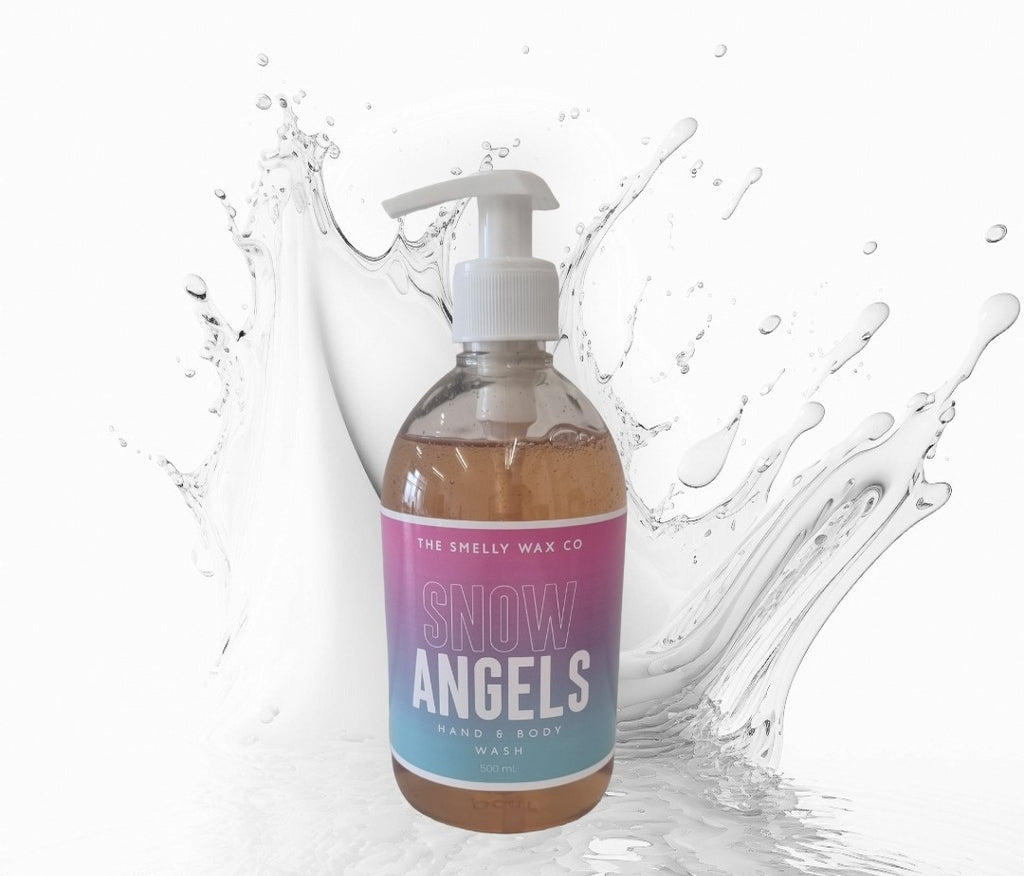 Snow angels hand and body wash in a pink and teal pump bottle by the smelly wax company