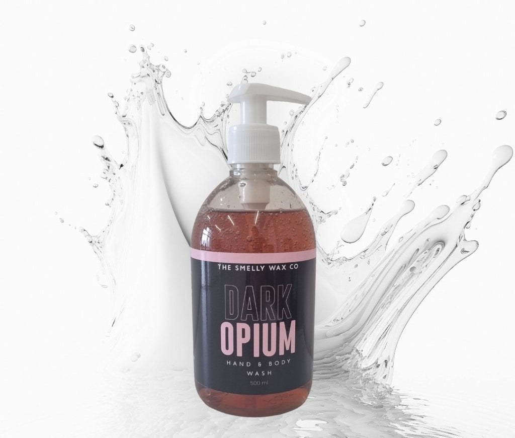 Dark opium hand and body wash in pink and black pump bottle by the smelly wax company