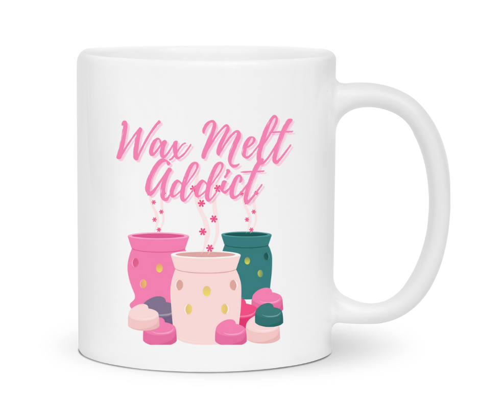 wax melt addict mug with picture of melt burners by the smelly wax company