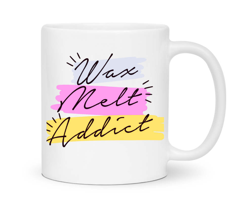 wax melt addict mug in bright colours on plain background by the smelly wax company