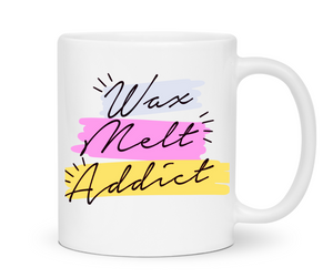 wax melt addict mug in bright colours on plain background by the smelly wax company