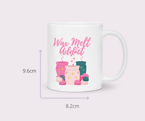 size guide for wax melt addict mug with picture of melt burners by the smelly wax company