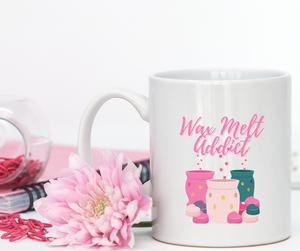 wax melt addict mug with picture of melt burners by the smelly wax company