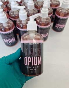 Dark opium hand and body wash in pink and black pump bottle by the smelly wax company