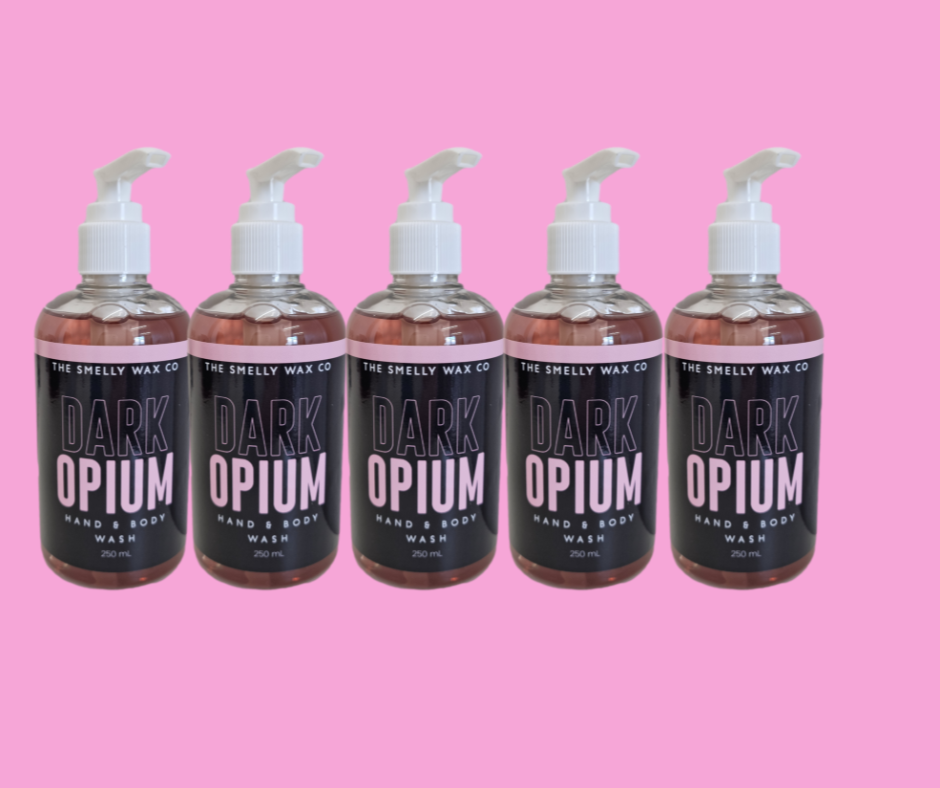 Dark opium hand and body wash in pink and black pump bottle by the smelly wax company