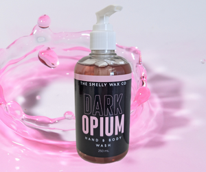 Dark opium hand and body wash in pink and black pump bottle by the smelly wax company